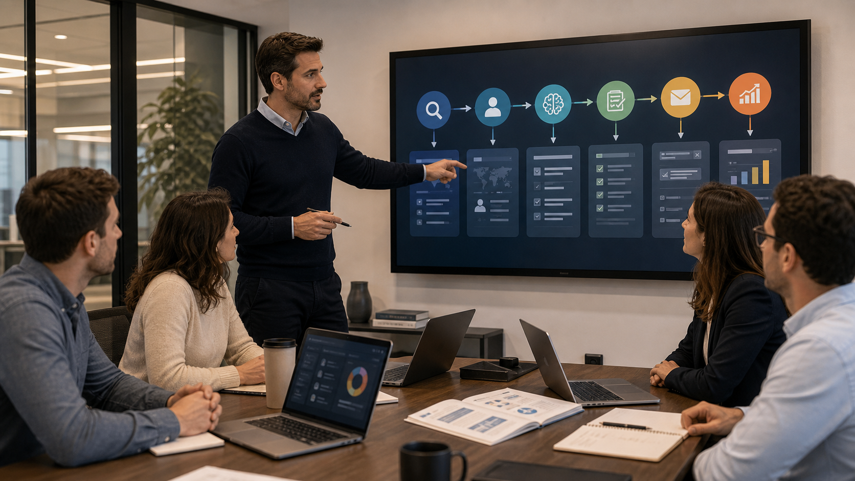 Workflow de IA para equipas comerciais: pesquisa, contacto, reuniao, proposta e follow-up